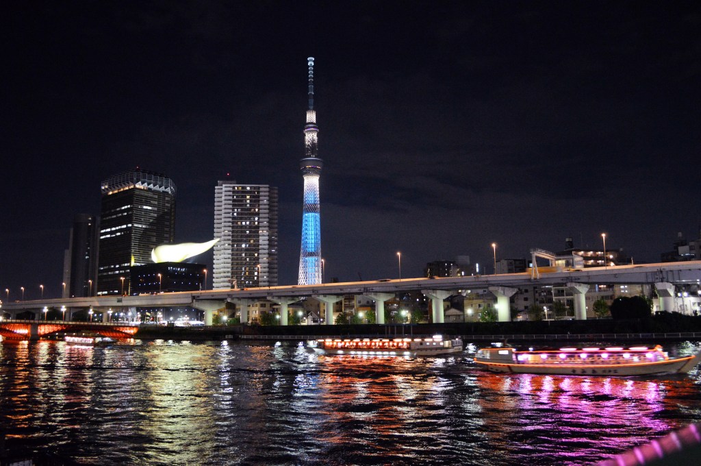 Tokyo Skytree illuminated at night with river reflection, Tokyo, Japan – Iconic modern landmark