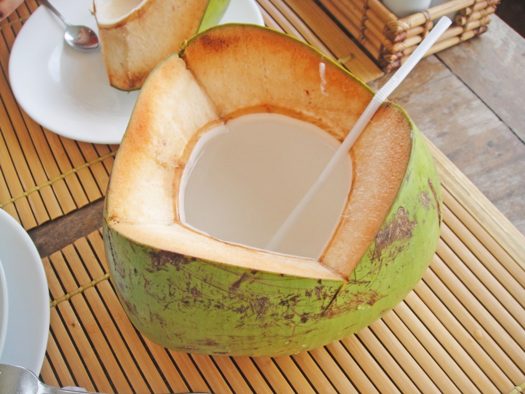 Fresh green coconut with straw and coconut water – Tropical fruit stock photo
