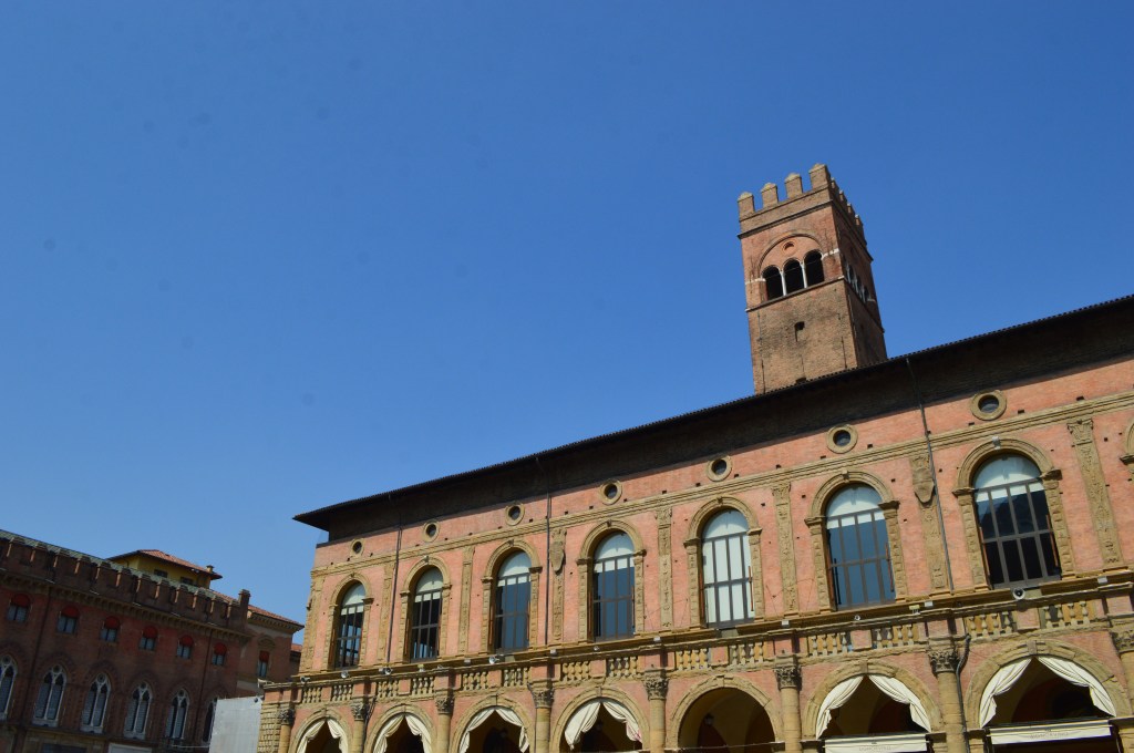 Historic university building and medieval tower in Bologna