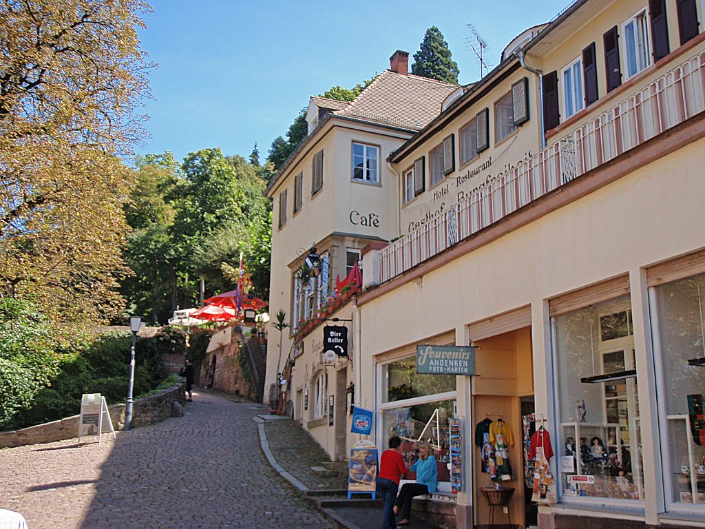 Charming street in Heidelberg – Cobblestone lane with cafes and local shops