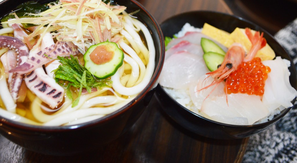 Authentic Japanese udon noodles with sashimi – Traditional Japanese cuisine