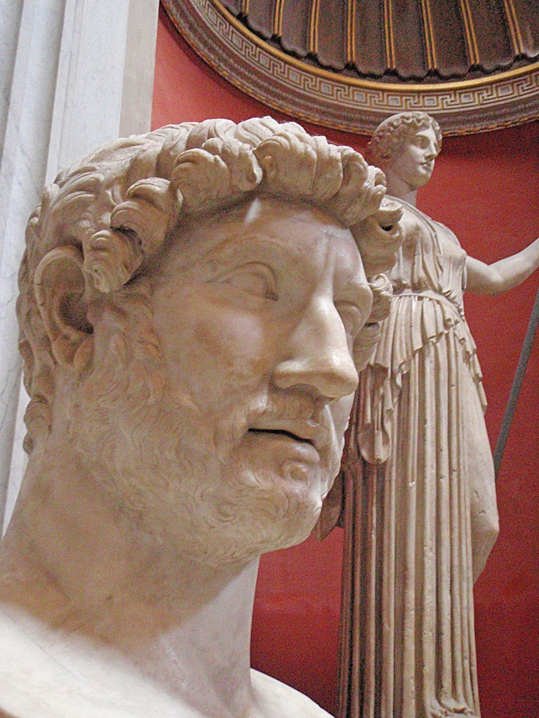 Marble bust of Roman Emperor Hadrian in a museum in Italy