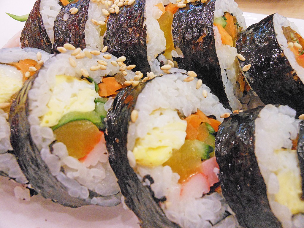 close-up of colorful korean gimbap rolls