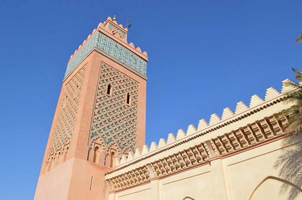 Traditional Moroccan minaret with intricate Islamic architecture in North Africa