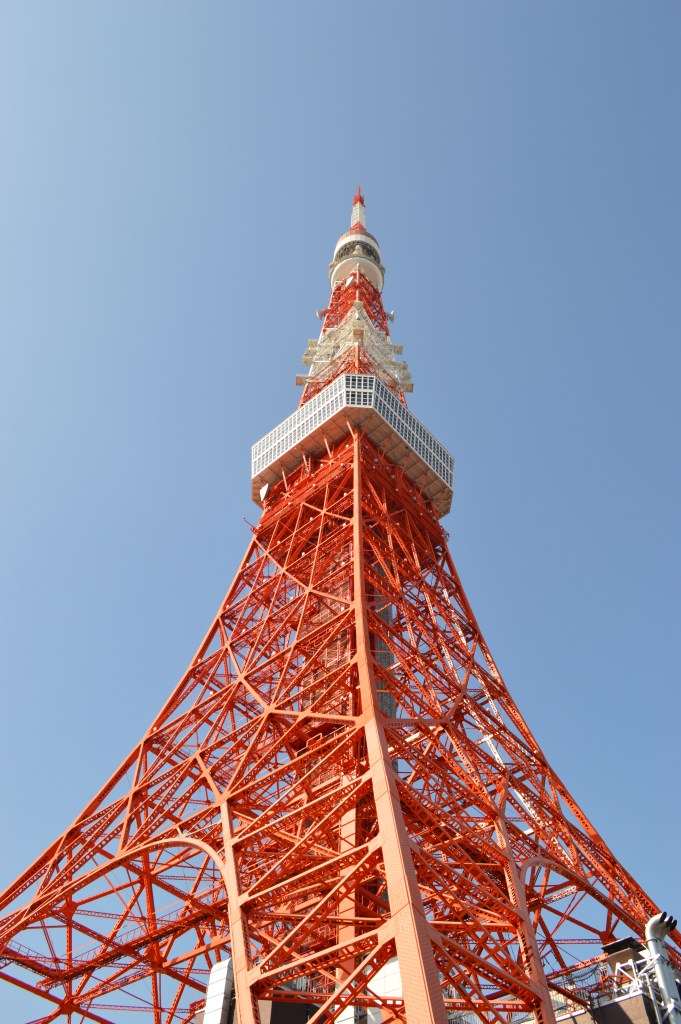 Tokyo Tower in Japan against a clear blue sky – Iconic red and white broadcasting tower