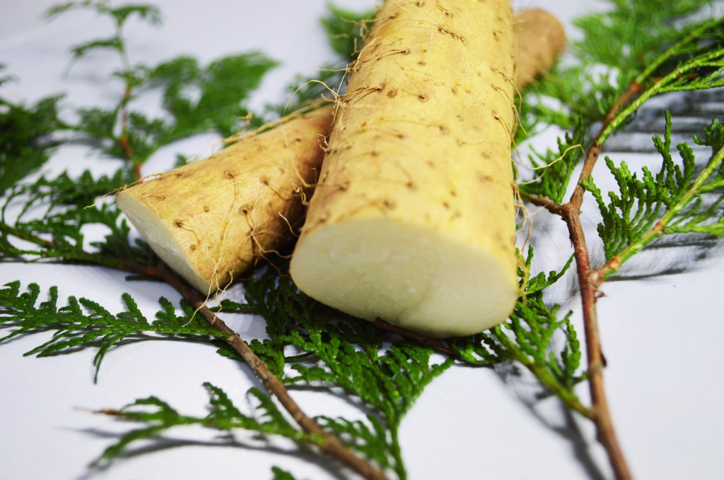 Fresh Japanese yam (Nagaimo) cut in half, placed on green leaves – Healthy Asian root vegetable