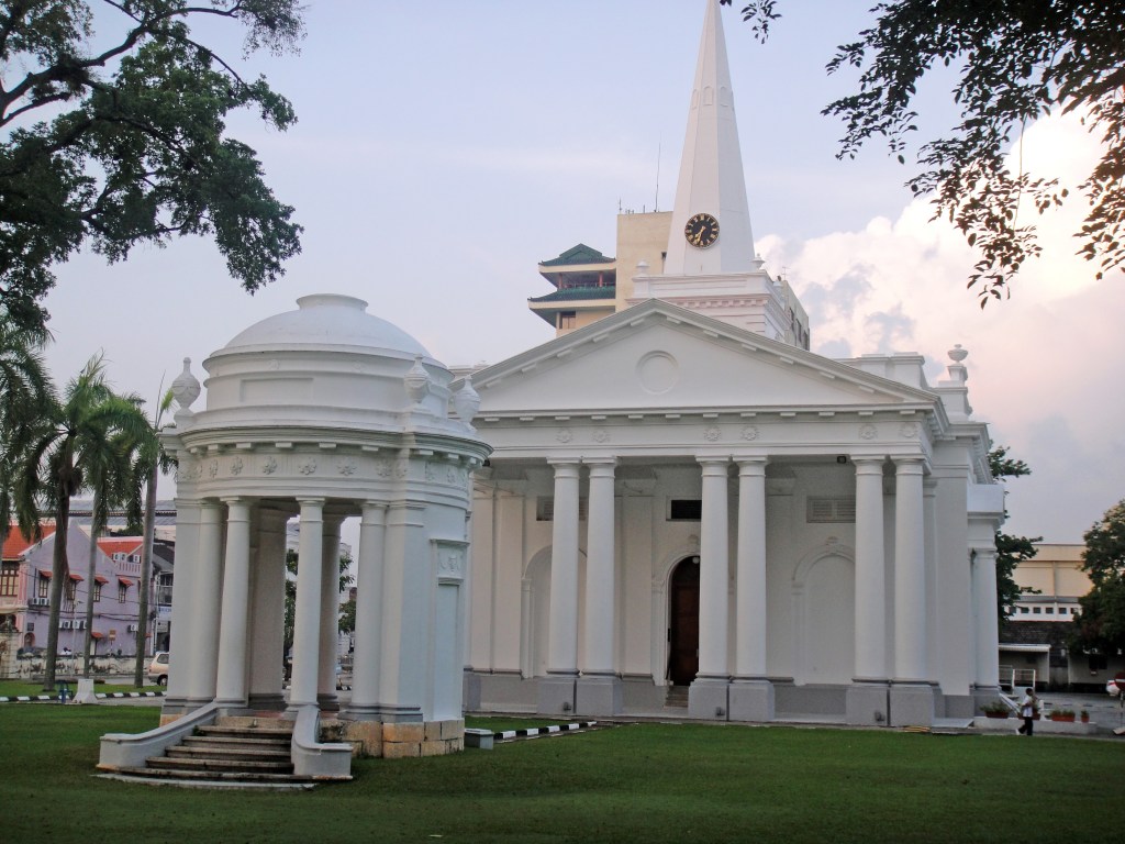 The white neoclassical façade of St. George’s Church, the oldest Anglican church in Southeast Asia.