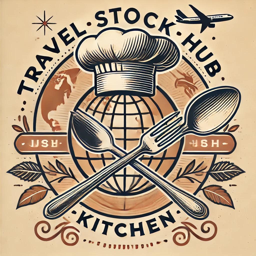 Travel Stock Hub Kitchen logo – A global culinary travel brand featuring a chef hat, spoon, fork, and world map