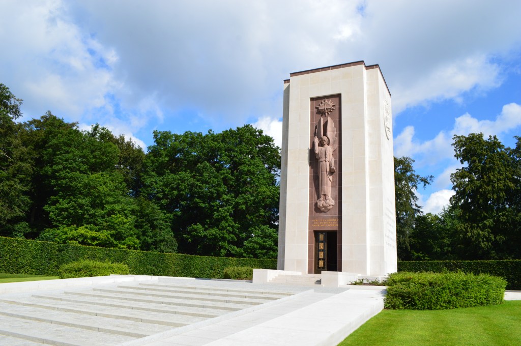 Monument at the American Cemetery in Luxembourg with trees and blue sky - Luxembourg stock photos