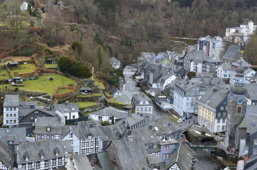 Aerial view of Monschau’s historic town and surrounding hills in Germany – Monschau stock photos