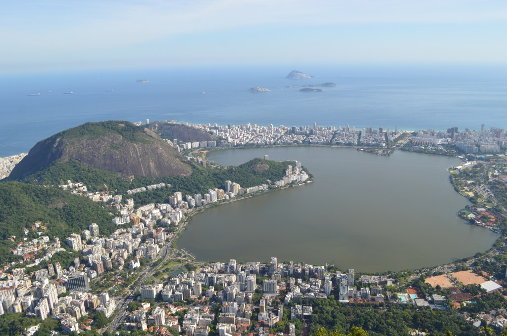 Aerial view of Rio de Janeiro with coastline and Sugarloaf Mountain – Brazil travel stock photo